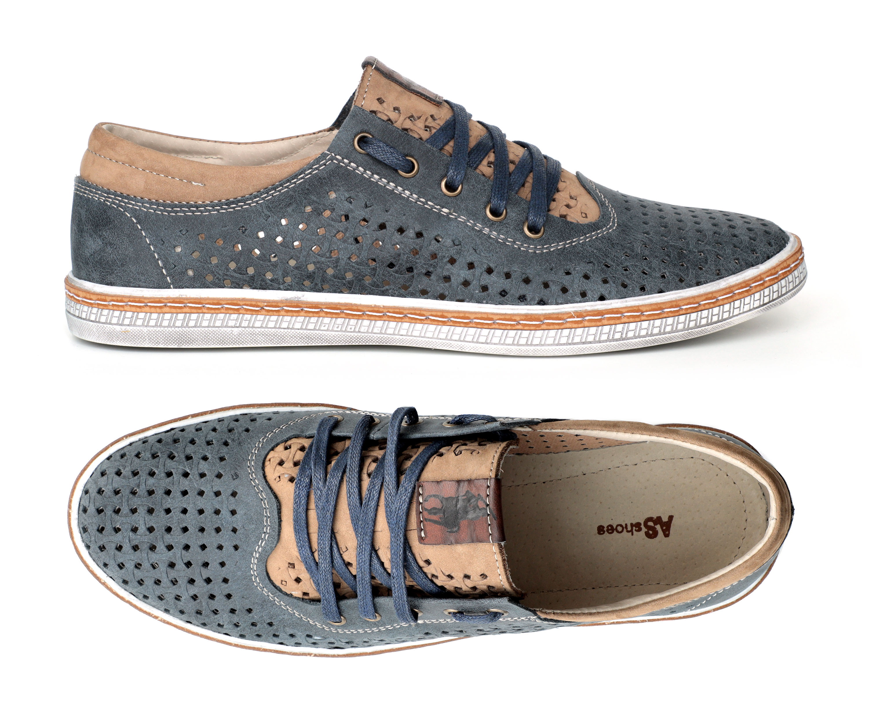 (1204) - Синие легкие летние перфорированные туфли на шнуровке с широким язычком