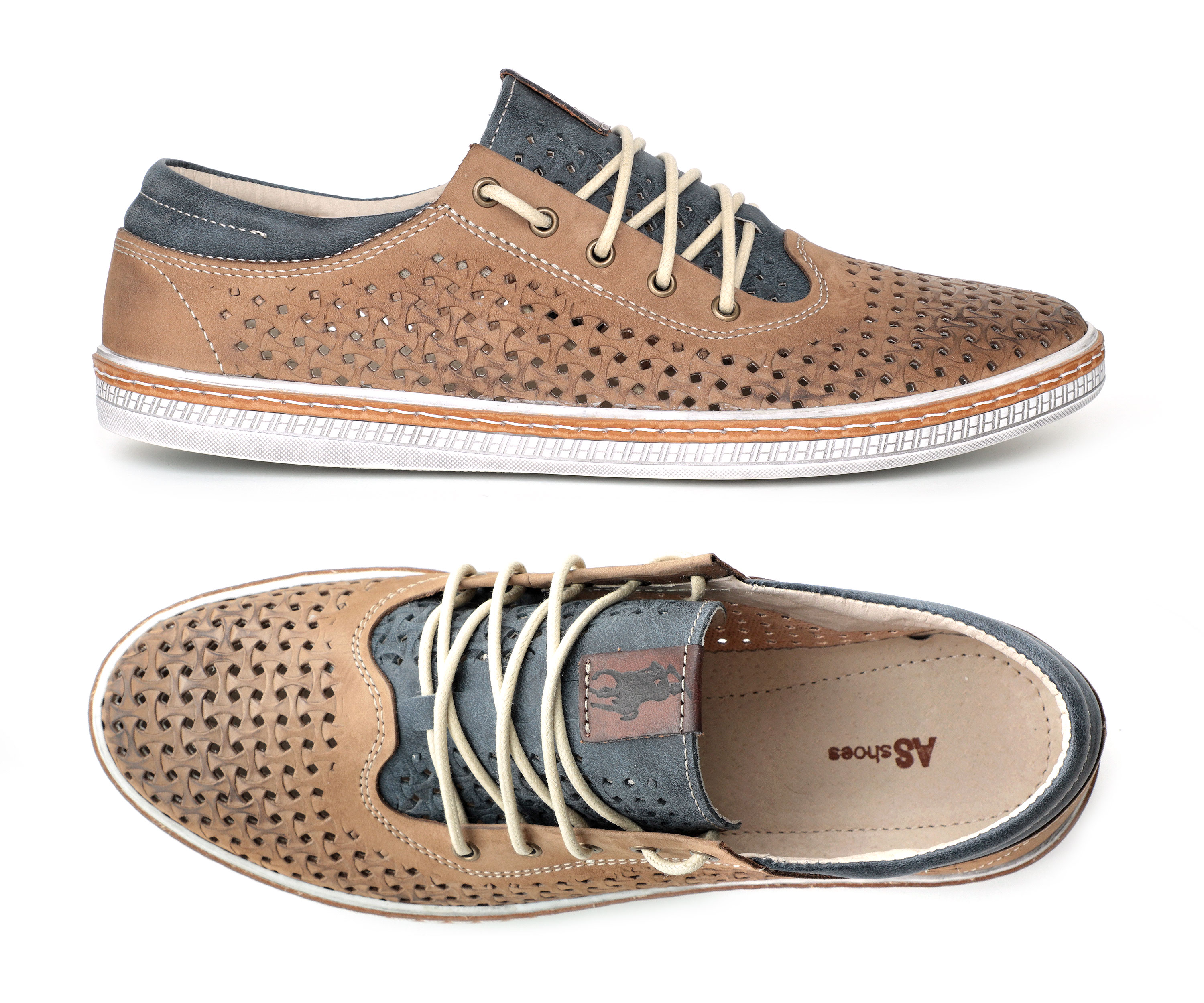(1205) - Бежевые легкие летние перфорированные туфли на шнуровке с широким язычком