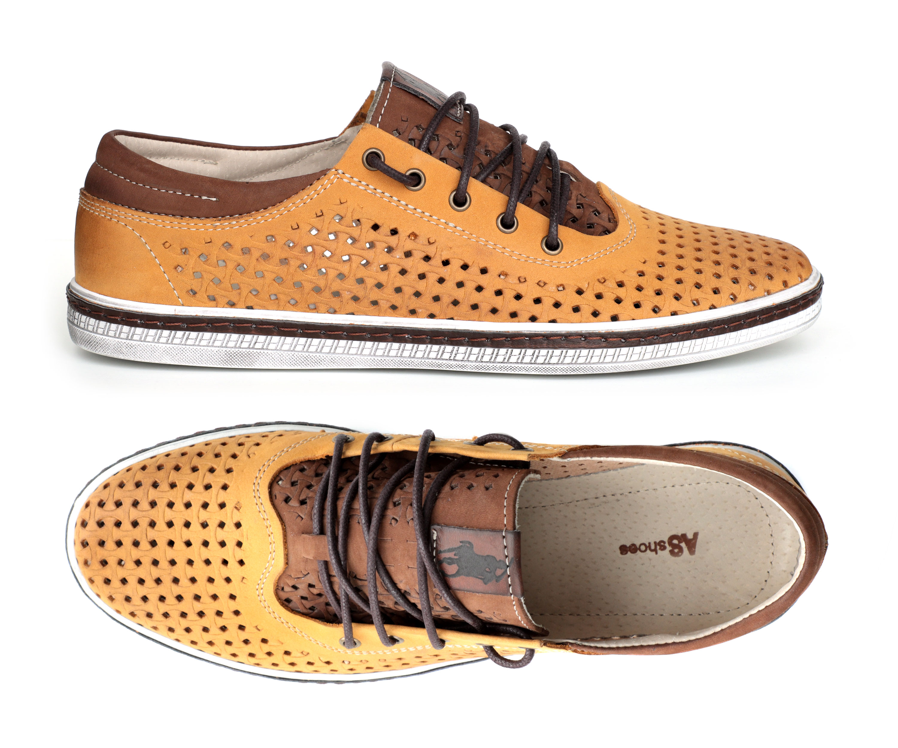 (1206) - Желтые легкие летние перфорированные туфли на шнуровке с широким язычком