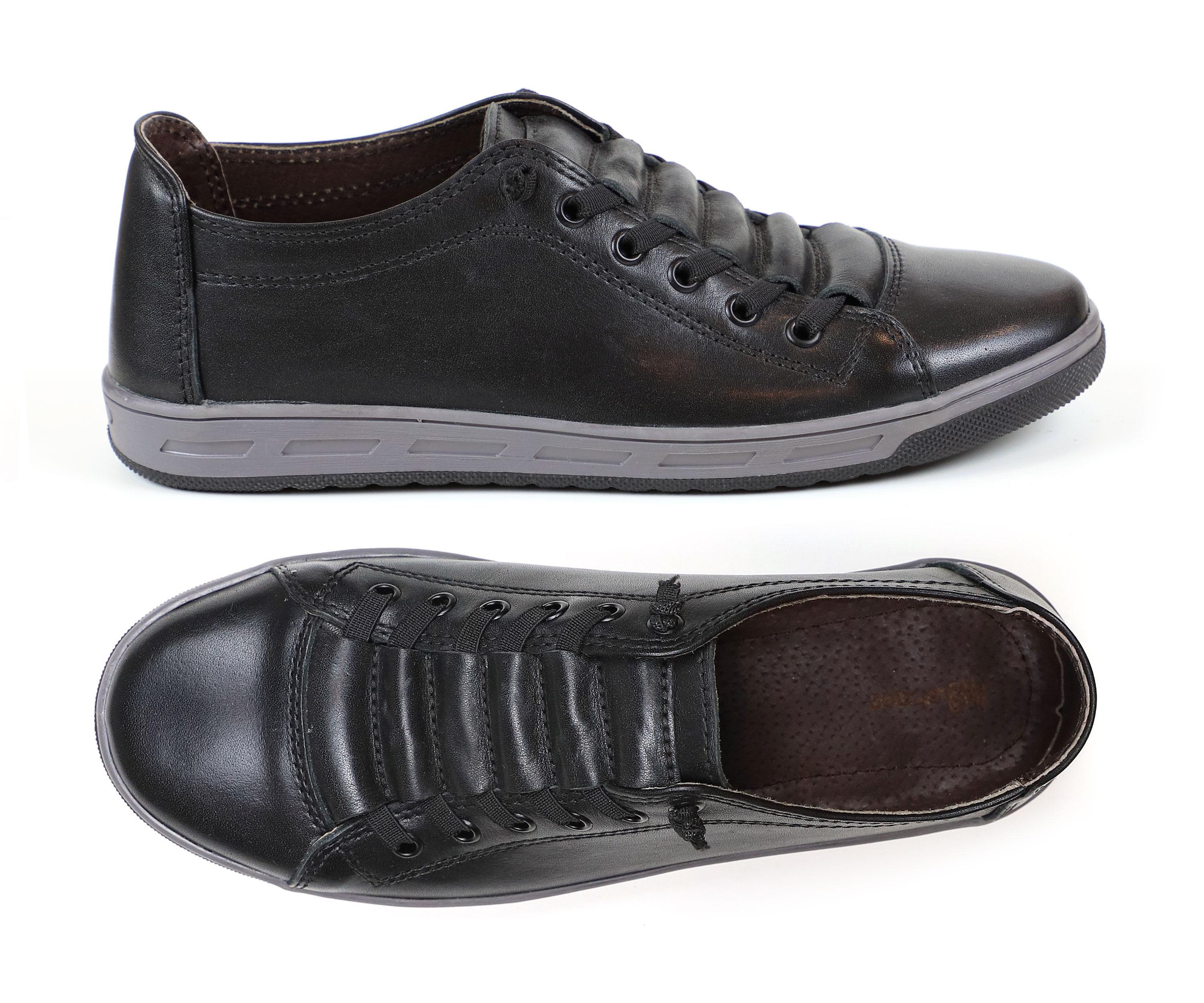 (1210) - Черные кожаные подростковые туфли на эластичных шнурках