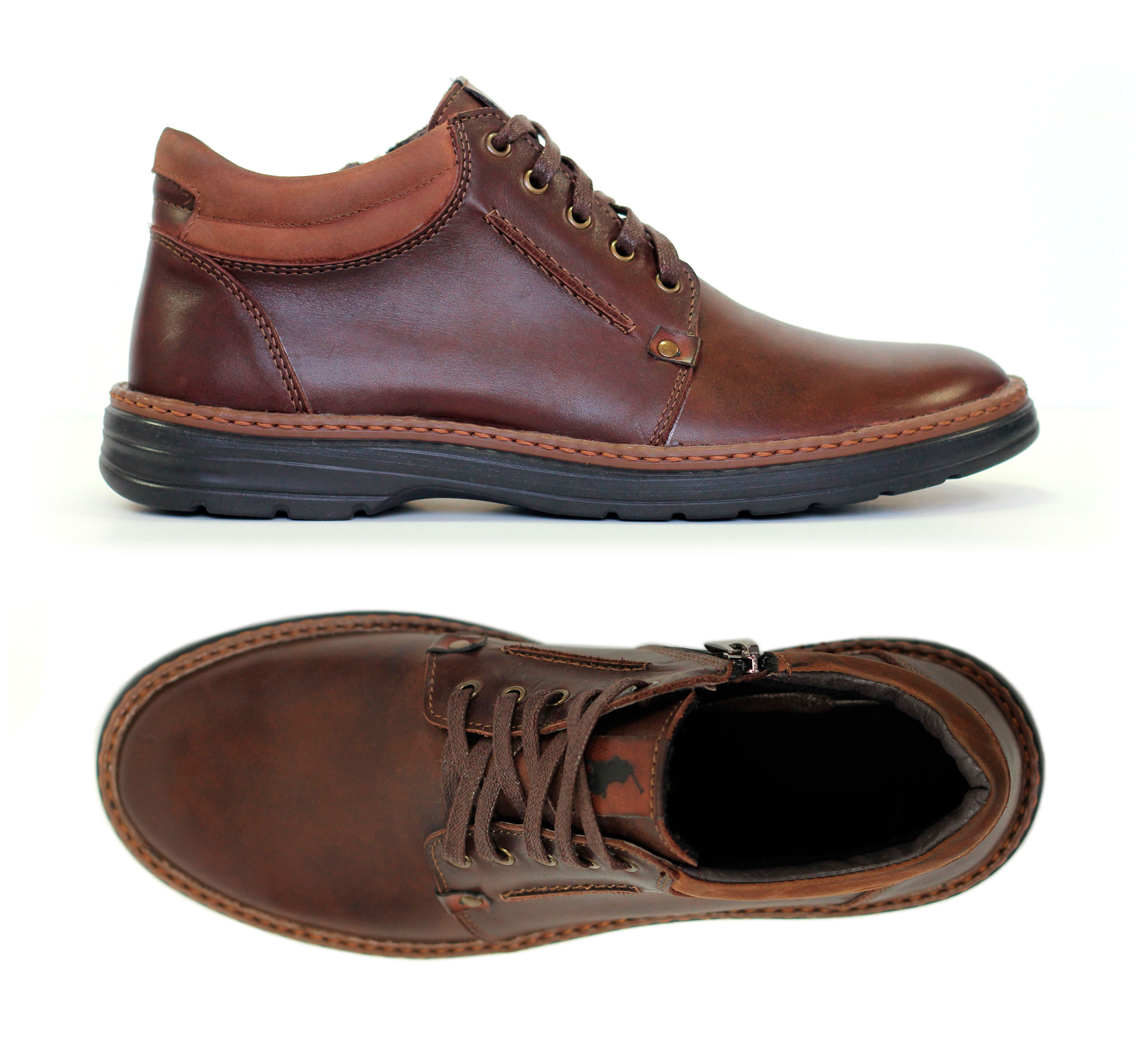 Мужские кожаные утепленные коричневые ботинки 