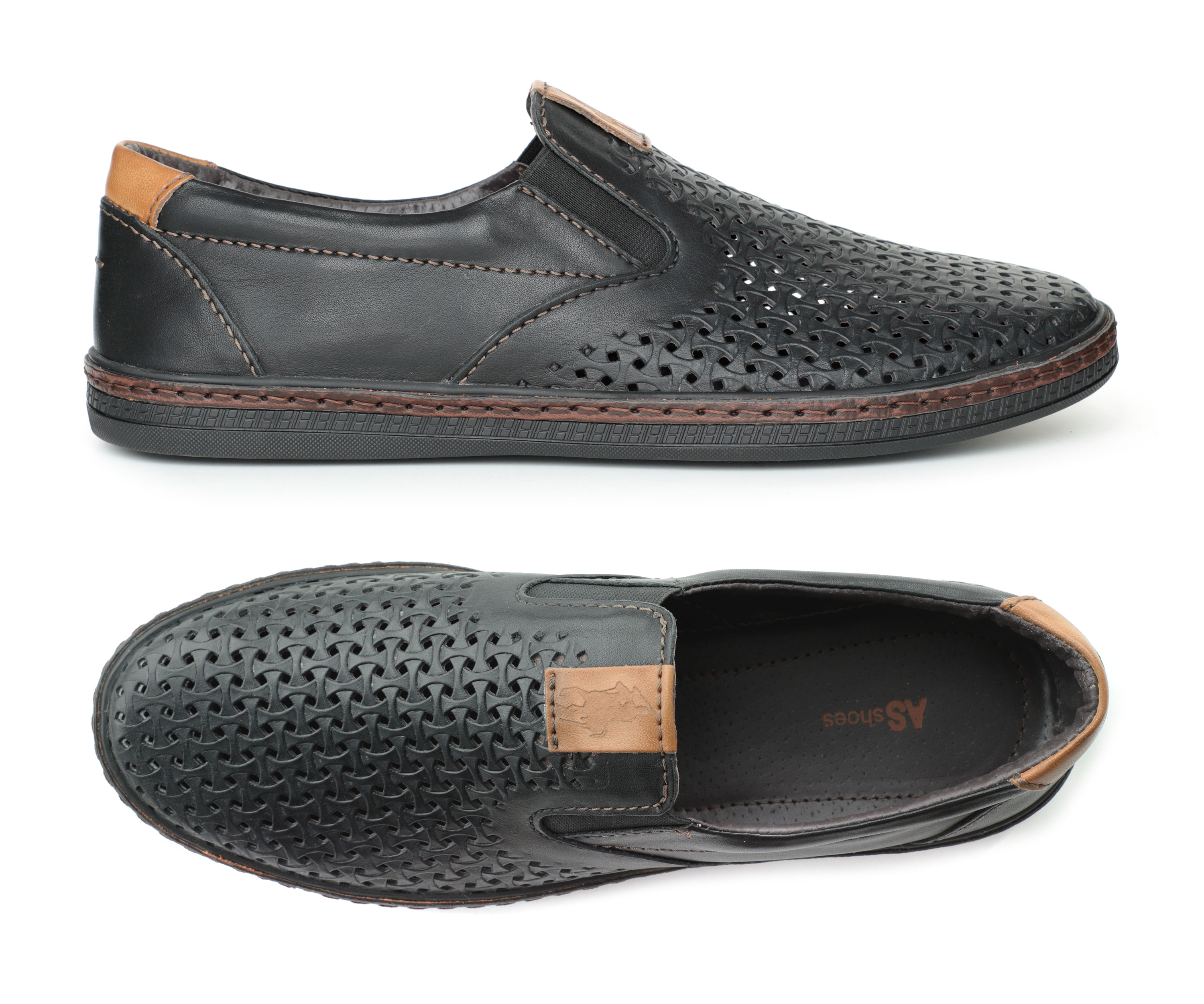 (1189) - Черные мужские туфли из кожи с крестообразной перфорацией